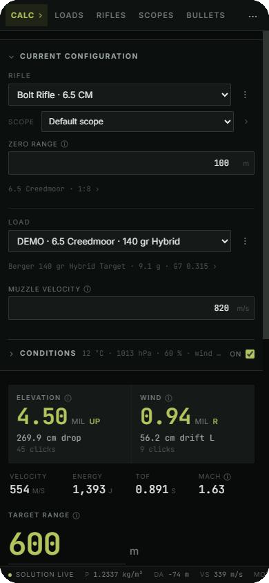 The calculator showing elevation and windage for a 600 m shot