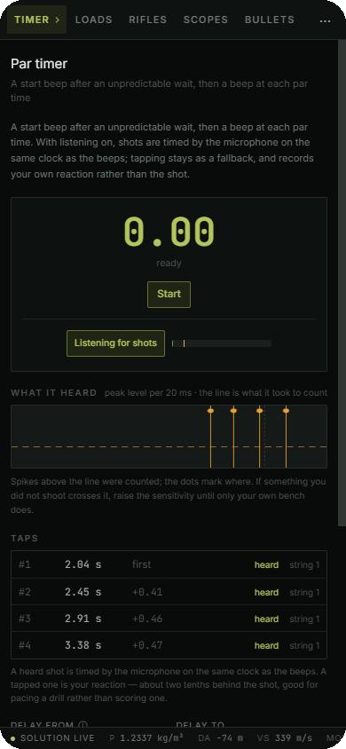 The par timer showing a trace of what the microphone heard, with four shots detected